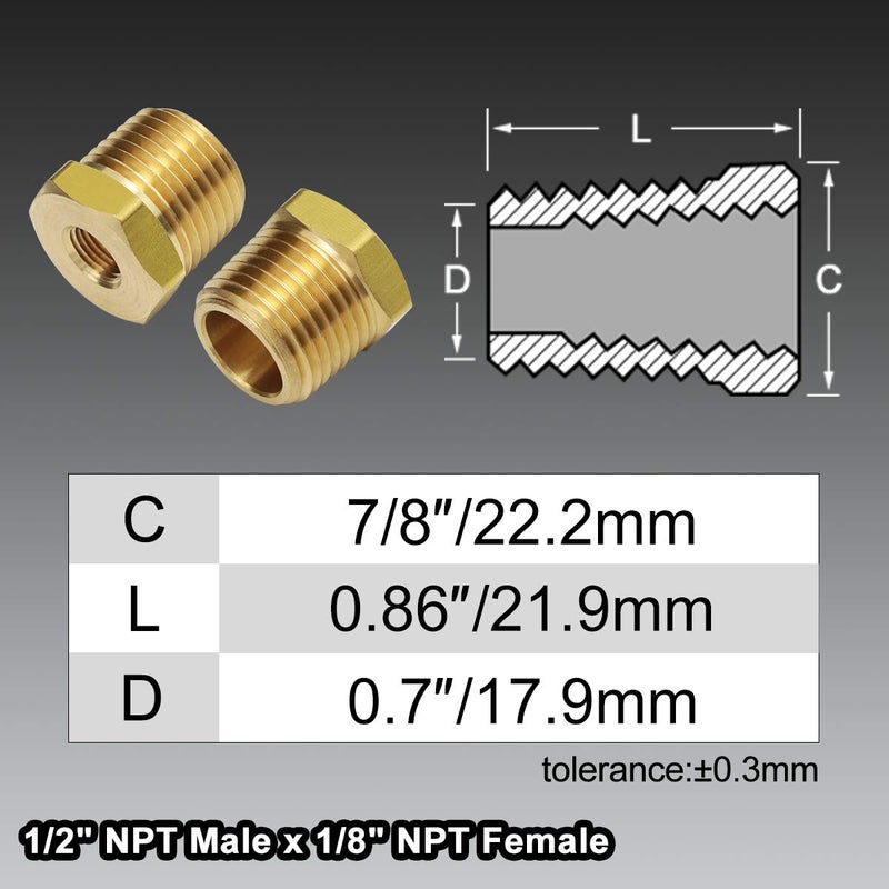 Boeray 1/2 Inch NPT Male Thread to 1/8 Inch NPT Female Reducing Brass Pipe Fitting Hex Head Hose Tube Bushing Adapter Convert Pack of 2 - Image 2